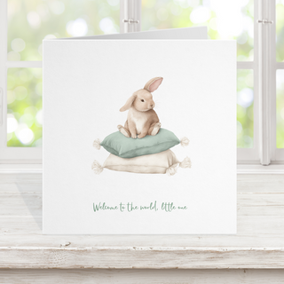 New baby card - rabbit pillow