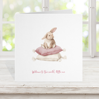 New baby card - rabbit pillow