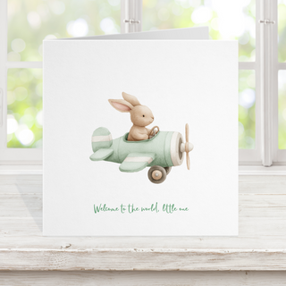 New baby card - rabbit plane