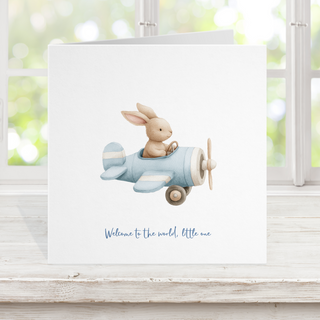 New baby card - rabbit plane