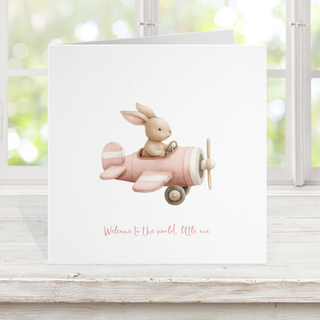 New baby card - rabbit plane